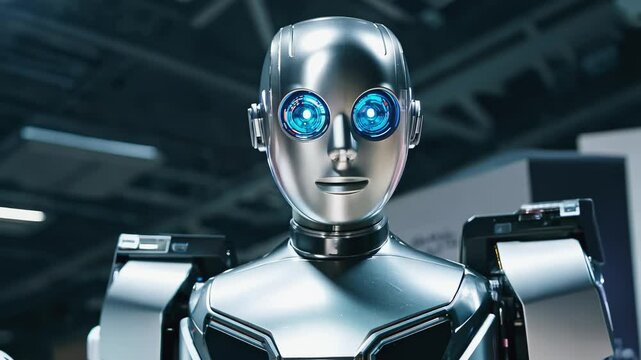 Lifelike humanoid robot with metallic face and glowing blue eyes turning slightly, expressing curiosity in a well-lit exhibition hall