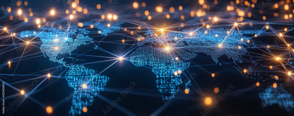 Poster abstract global network concept with a world map and glowing connections