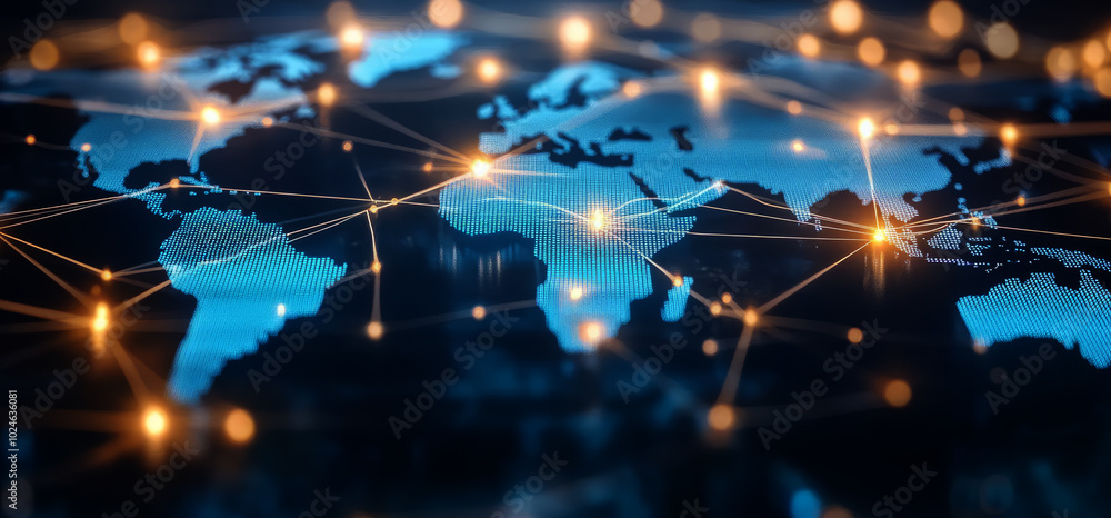 Poster abstract global network concept with a world map and glowing connections