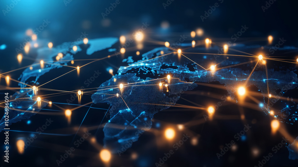 Poster abstract global network concept with a world map and glowing connections