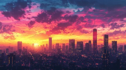 Fototapeta premium A vibrant sunset over a bustling cityscape with skyscrapers and glowing lights.