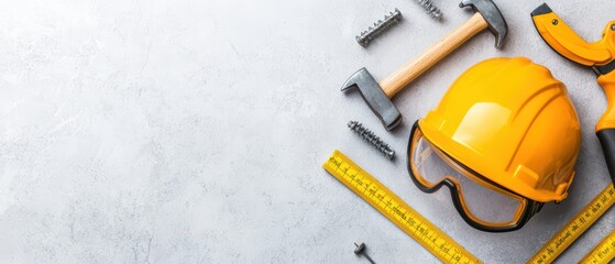 Fototapeta premium Construction tools and safety gear arranged on a grey background.