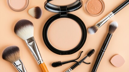 Cosmetic products and makeup brushes arranged on a peach background, perfect for beauty and skincare themes.