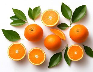 orange fruits with slices and green leaves, either whole or halved, isolated on a white background