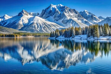 Fototapeta premium Snowy mountain range with lake