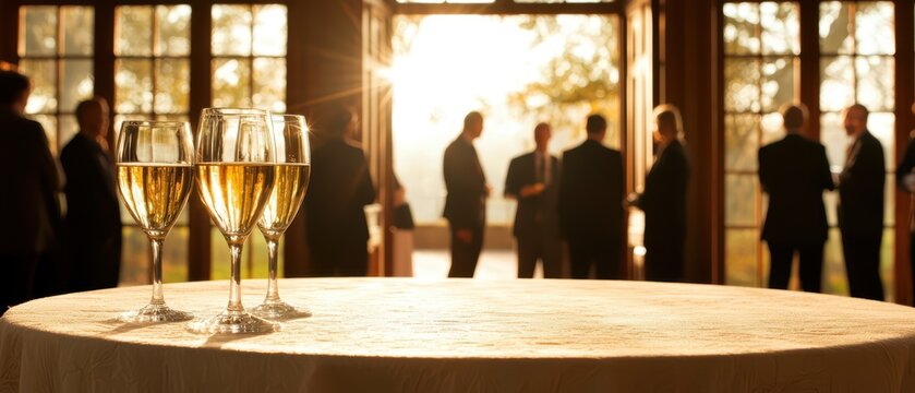 Elegant celebration scene featuring champagne glasses on a table with people mingling in a warm, welcoming atmosphere.