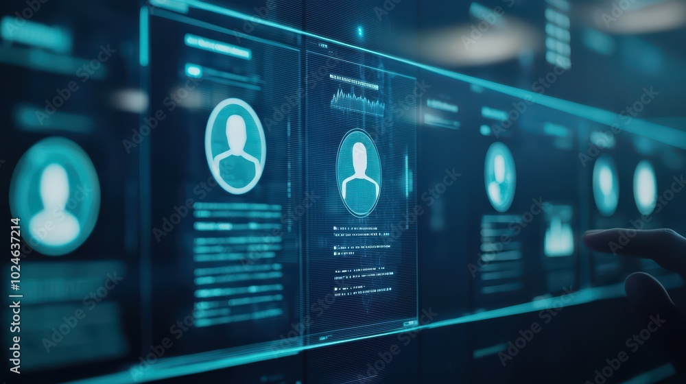 Poster Futuristic interface displaying user profiles and data, with glowing elements and a hand interacting with the digital screen.