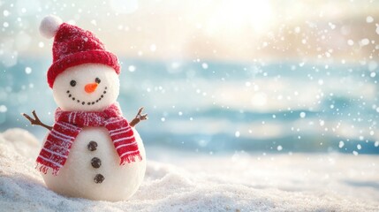 Cute snowman in hat and scarf on the beach with blurred sea background