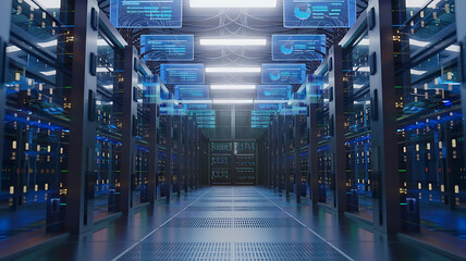 high-tech data warehouse, featuring rows of modern servers with blinking lights in a vast, secure facility, data center, big data