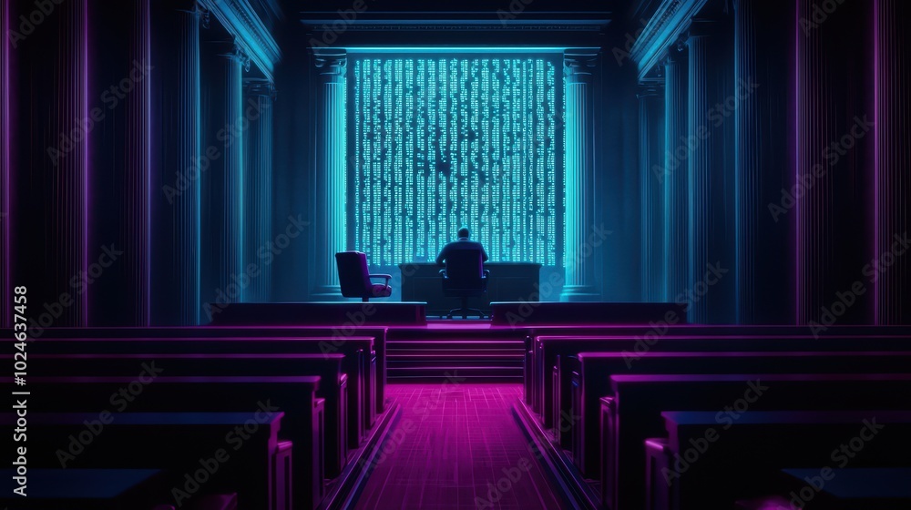 Aufkleber futuristic scene of a person seated in a dimly lit room with glowing binary codes on the screen.