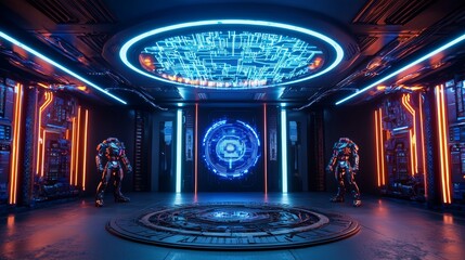 Futuristic Superhero Headquarters with Robots and Tech