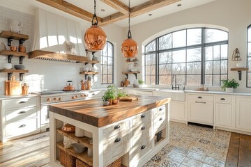 Modern Farmhouse Kitchen with Copper Accents and Rustic Elements
