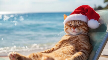 Satisfied ginger cat in Santa hat relaxing in sun lounger on beach