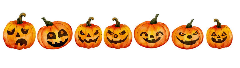 Watercolor set of orange emotional pumpkins for Halloween. They smile, they are sad. Hand drawn, isolated, suitable for printing on fabrics, cards and other designs