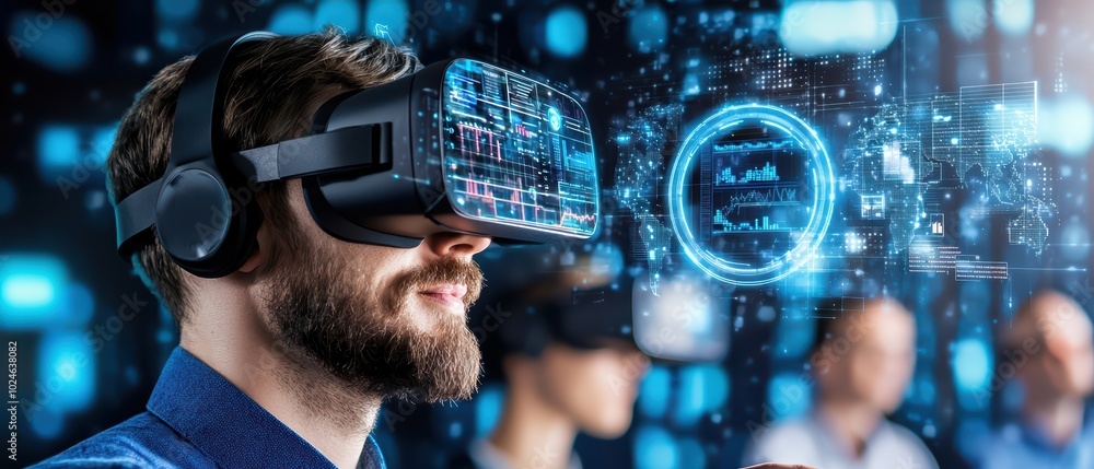 Poster man experiencing virtual reality with headset, surrounded by digital graphics and data.