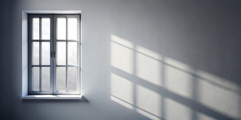 Fototapeta premium A single window with white panes casting a grid of shadows on a blank white wall.