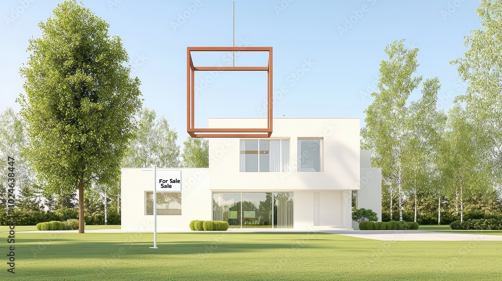 Poster modern house design with a unique frame feature in a green landscape.