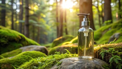 Soap pump bottle displayed on mossy rock in forest Panoramic