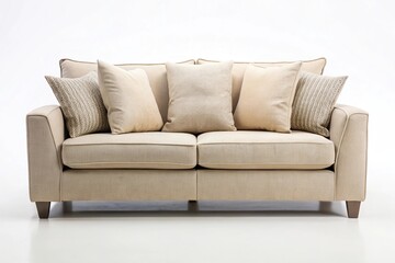 Sofa with beige cushions against white background