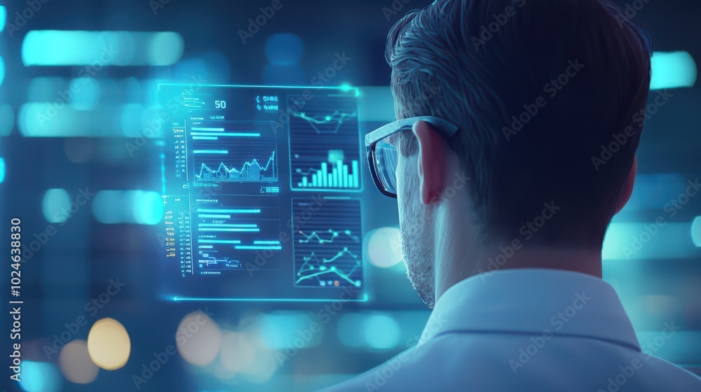 Poster person analyzing digital data and graphs in a modern office environment.