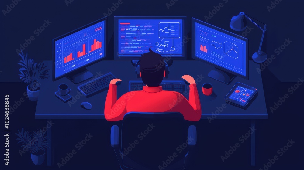 Poster person working on multiple monitors in a dark office space, focused on coding and data analysis.