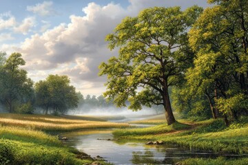 Scenic view of a tranquil river flowing through a lush green landscape with trees under a partly cloudy sky.