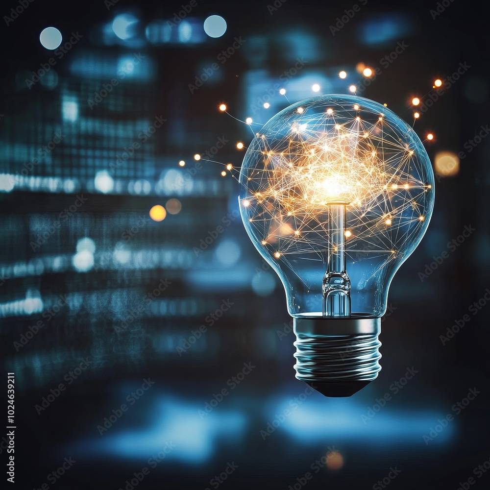 Poster innovation and technology concept illuminated light bulb with network connections, 3d rendering