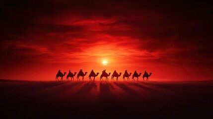 Fototapeta premium Silhouetted camels against a vibrant sunset, creating an enchanting desert scene.