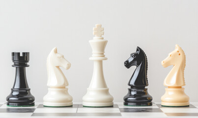 A chess set with a white king and black knights