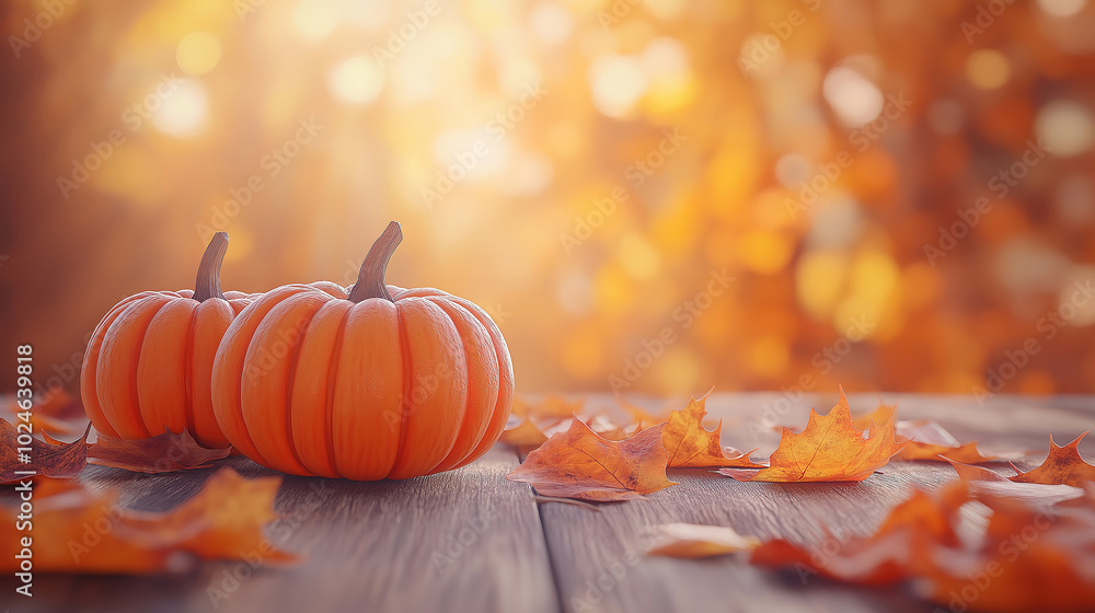 Poster festive display of mini pumpkins and leaves on rustic table with sunlight and soft bokeh