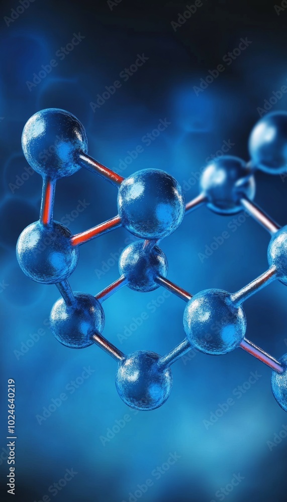 Poster 3d rendering of an abstract molecular structure with blue spheres and red bonds on blue background.