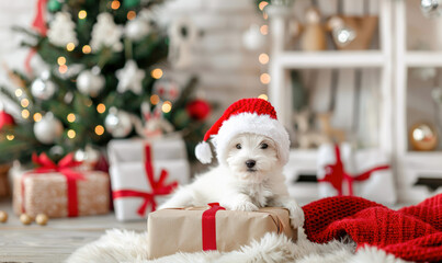 A small white dog is wearing a Santa hat and laying on top of a brown box