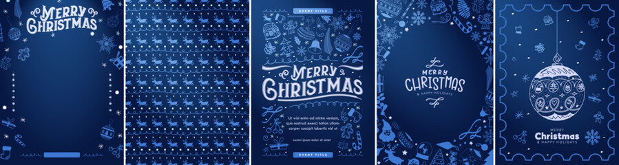 Blue Gradient Merry Christmas Greeting Card Posters, Xmas invitation template, and patterned background. Decorative Christmas Elements in monochromatic blue colors. For display posters, cards, posters