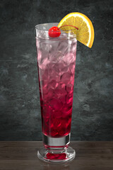 Refreshing cocktail with cherry and orange on the wooden table against the wall in the grunge style. Bar theme. Sling glass. Dark environment. 3d rendering.