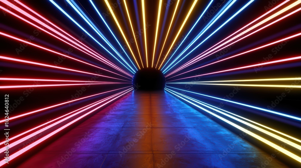 Poster vibrant neon lights create a dynamic tunnel effect with colors radiating into the dark, illuminating