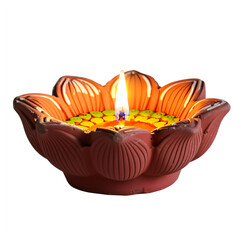 Fototapeta premium Handcrafted and painted clay lotus flower lamp flame - Diwali festival decoration object, isolated on a white background.
