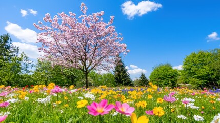 Vibrant spring landscape featuring blooming flowers and a majestic tree under a clear blue sky.