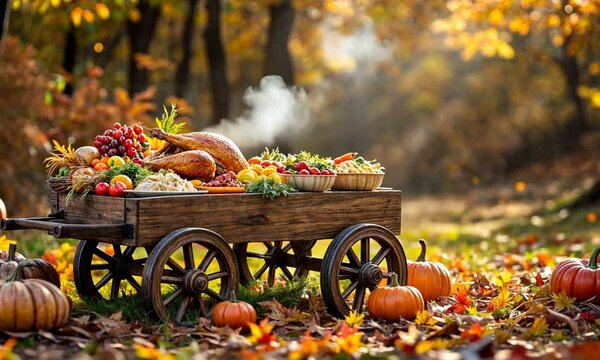 A cart with traditional turkey and fall dishes against a forest backdrop, decorated with pumpkins and leaves, creates a holiday atmosphere. Generated by AI