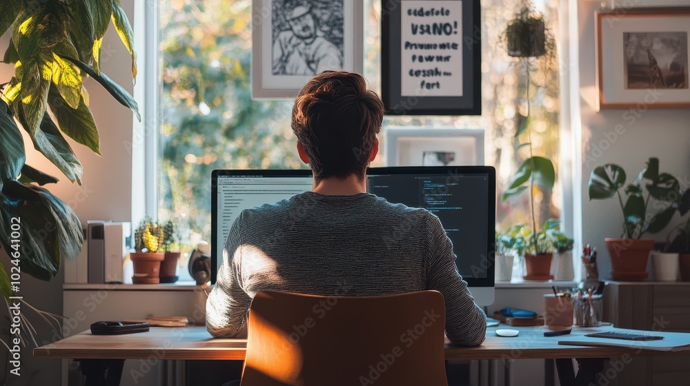 Poster focused software developer working on computer in cozy home office