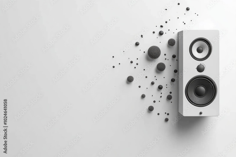 Poster white music speaker playing music with black notes flowing from it. copy space for text