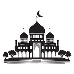 Minimal mosque vector art illustration, silhouette on black, white background