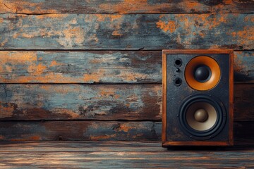 Vintage audio speaker standing on wooden floor against rustic background. Copy space for text