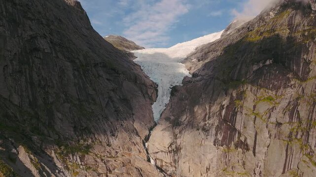 Briksdalsbreen Glacier, Norway, Briksdal, Scandinavia with ice. Epic mountain sightseeing nature.