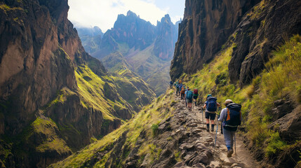 Fototapeta premium A group of hikers making their way up a steep rocky mountain trail. The landscape is rugged, with towering cliffs and lush greenery. v2