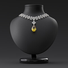 Luxurious necklace of diamonds and yellow sapphire in pear cut on the leather stand in the form of the bust. Jewelry showcase. Frontal view. 3d rendering.