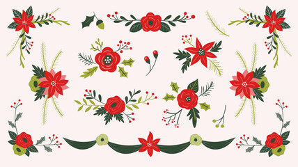 Obraz premium Cute hand-drawn floral christmas decorative elements. Flowers, leaves and twigs. Beautiful arrangements, perfect for greeting card design. Vector illustration.