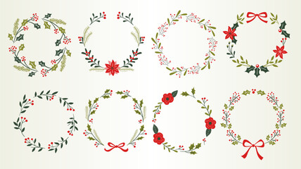 Christmas floral decorative wreaths. Hand-drawn cute set with seasonal flowers, branches, and berries. Red and green items. Vector illustration.