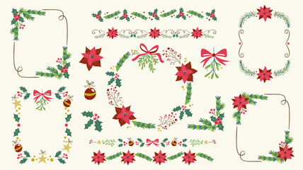 Hand-drawn Christmas floral decorative elements. Frames, wreaths, isolated items and dividers. Perfect for greeting card design and gift labels.