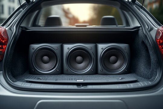 Powerful audio system installed in a car trunk showing subwoofers