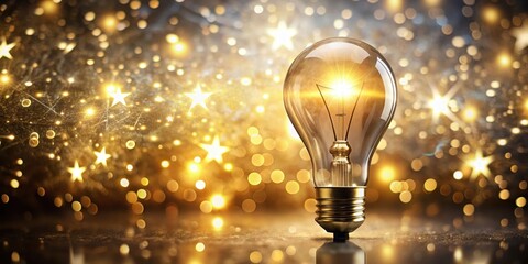 A Glowing Light Bulb Illuminated Against a Festive Background of Golden Stars and Bokeh Lights